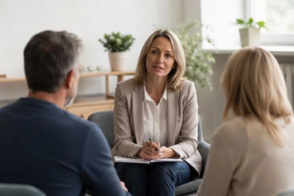Couple discussing financial arrangement , pensions in divorce Farnborough